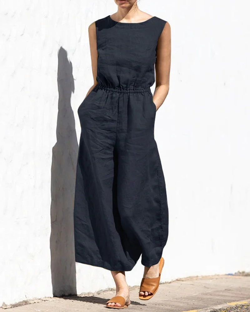 Koisoon Elastic Waist Playsuit Plain Sleeveless Wide Leg Long Jumpsuit