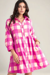 Koisoon Plaid Three-Quarter Sleeve Shirt Dress