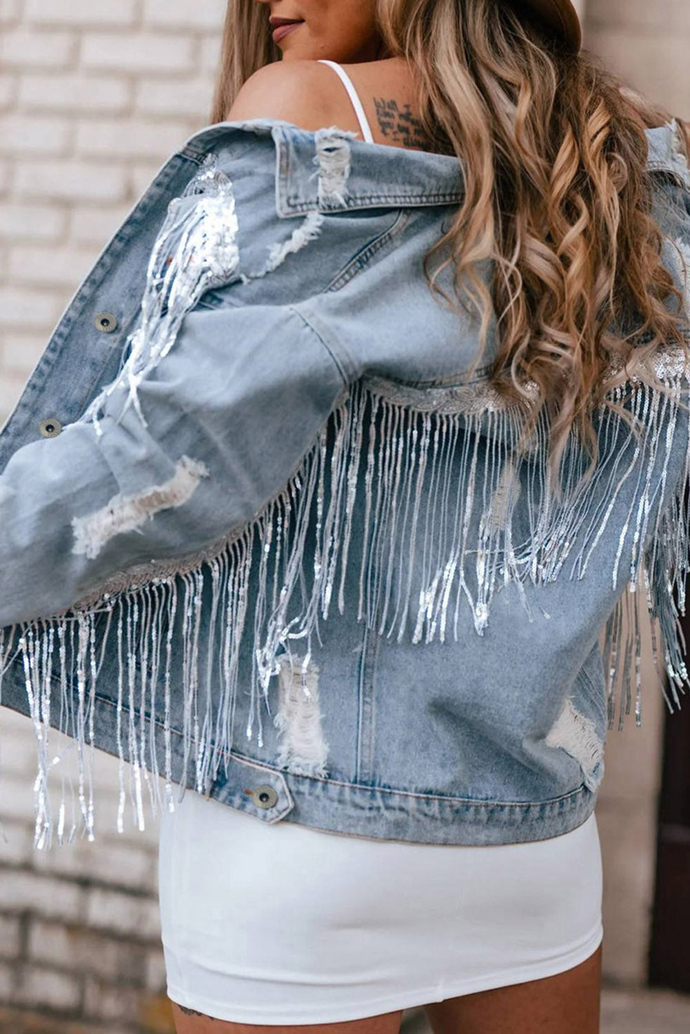 Koisoon Sequin Fringe Trim Distressed Button Up Denim Jacket