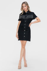 Koisoon Full Size Embellished Button Down Short Sleeve Denim Dress