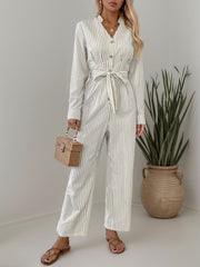 Koisoon Striped Notched Long Sleeve Tie Waist Jumpsuit