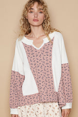 Koisoon Waffle Knit Floral Notched Long Sleeve Top