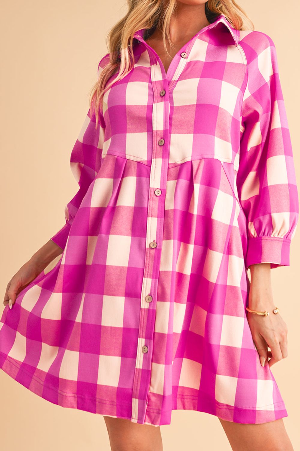 Koisoon Plaid Three-Quarter Sleeve Shirt Dress