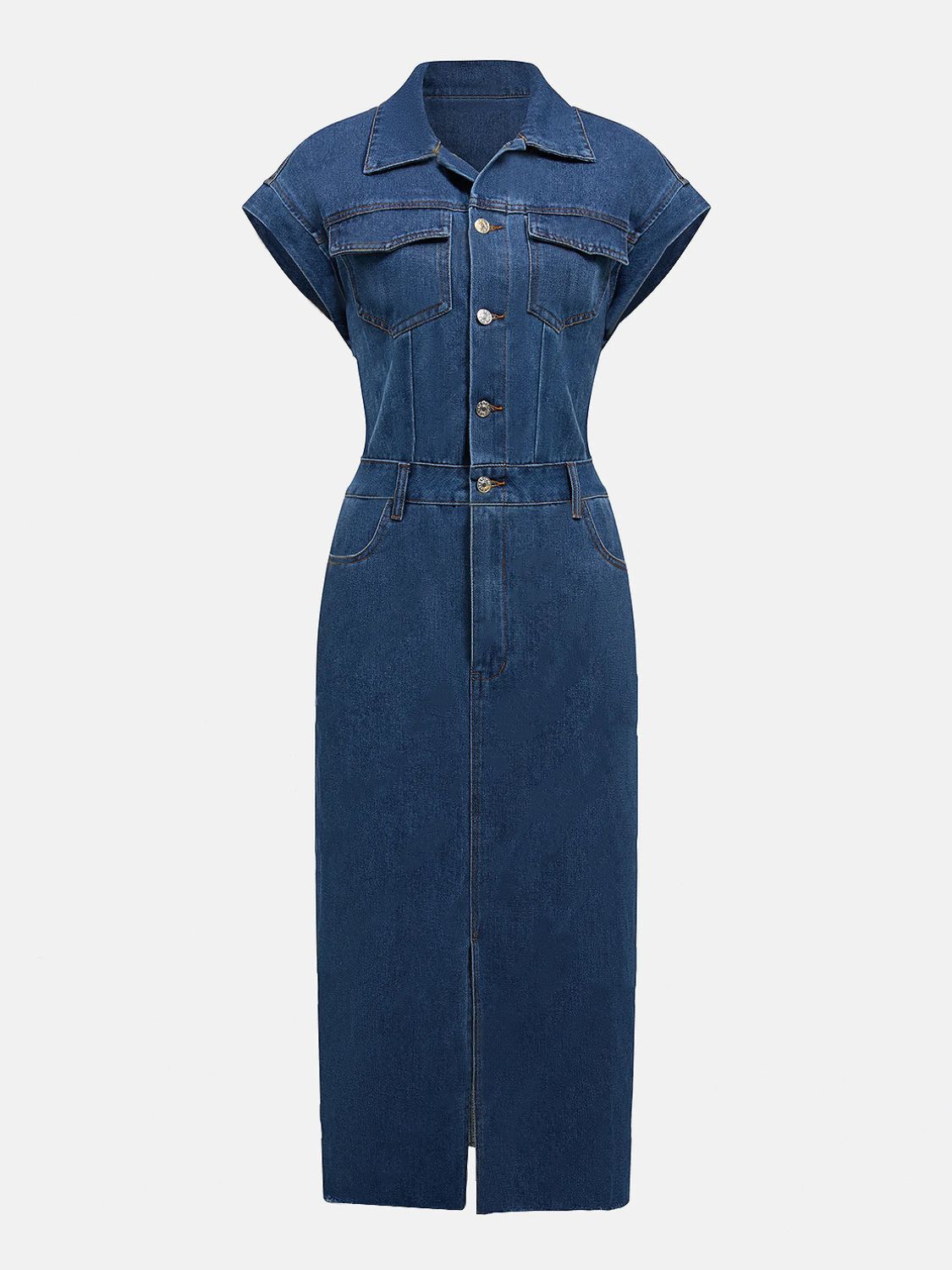 Koisoon Slit Half Button Collared Neck Cap Sleeve Denim Dress