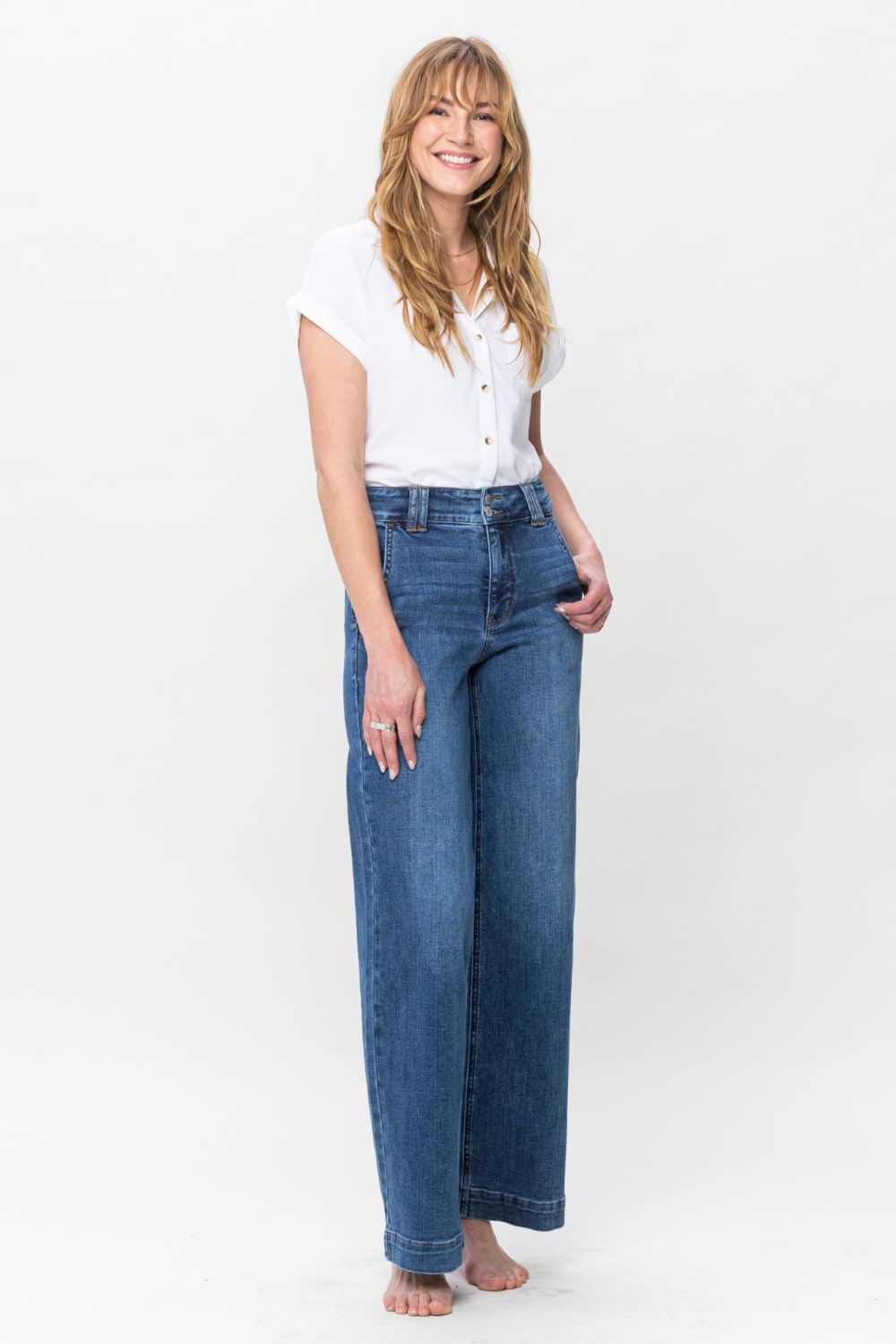 Koisoon Blue Full Size Double Button Wide Leg Jeans