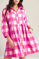 Koisoon Plaid Three-Quarter Sleeve Shirt Dress