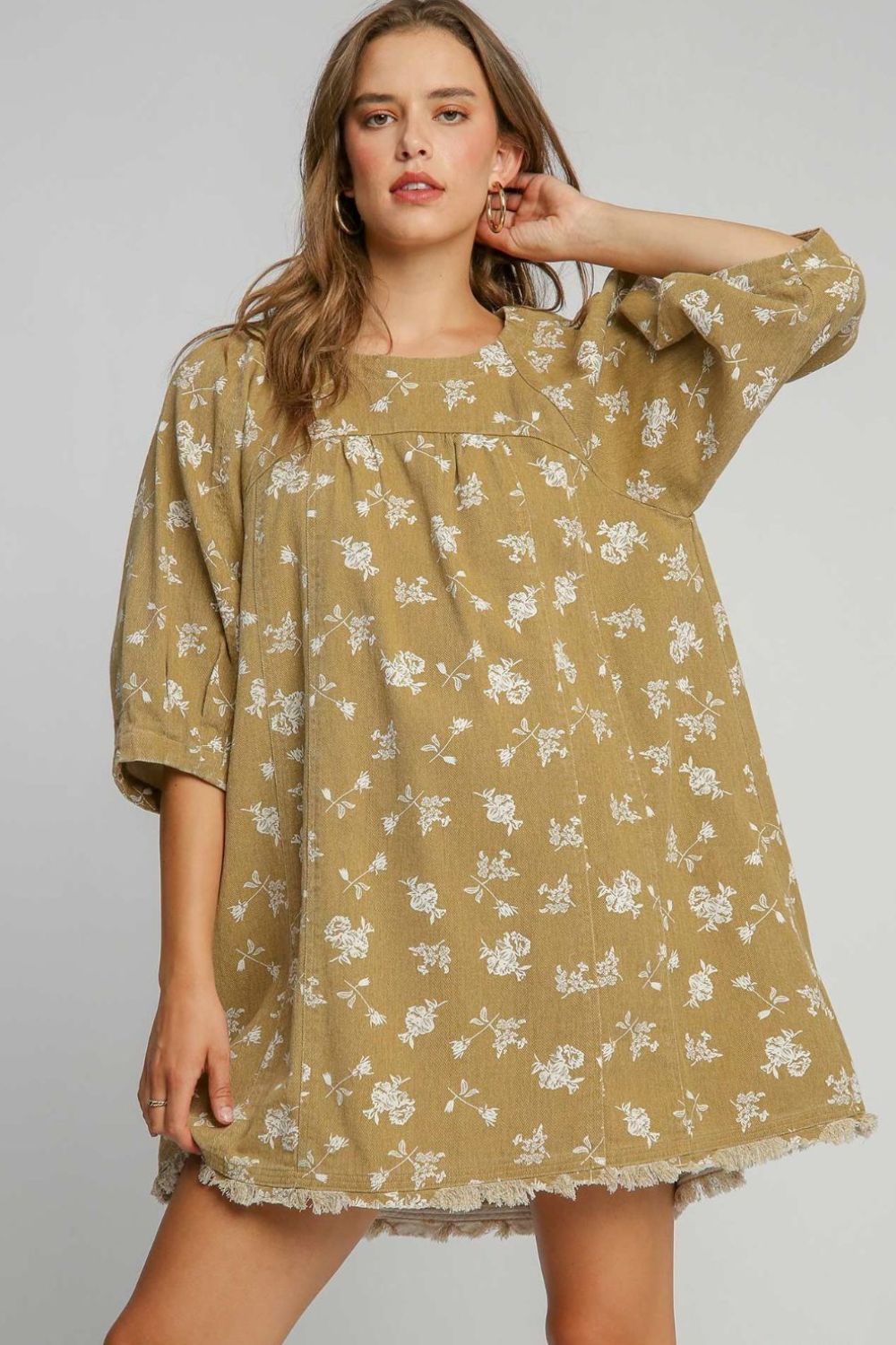 Koisoon Raw Hem Floral Print Round Neck Denim Dress