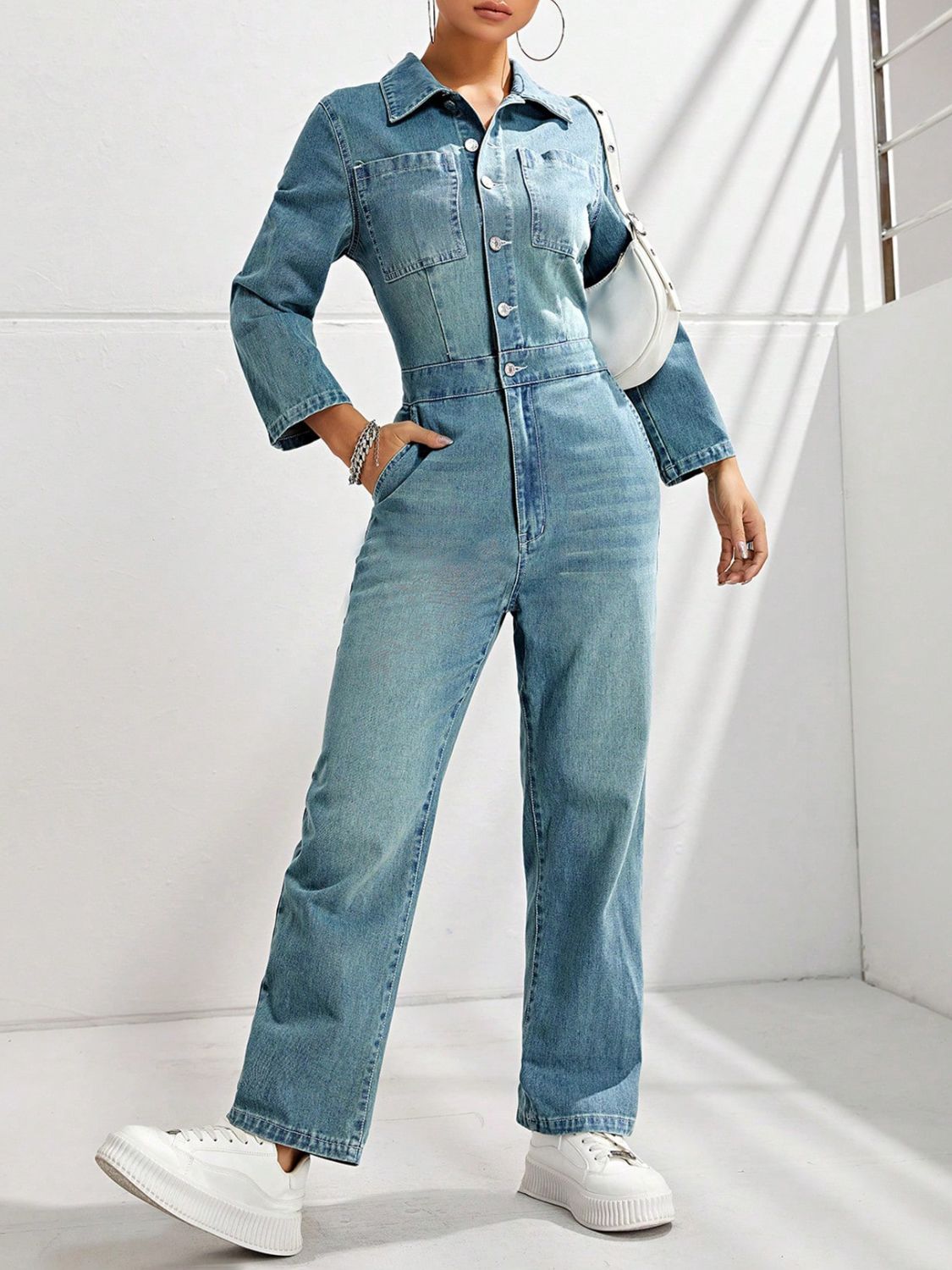 Koisoon Half Button Long Sleeve Straight Leg Denim Jumpsuit