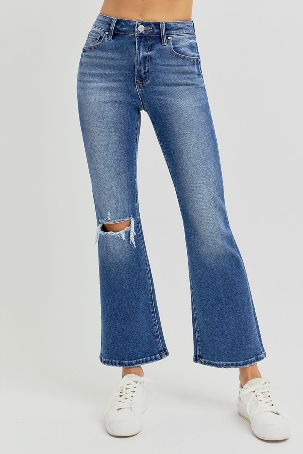 Koisoon Full Size Distressed High Rise Crop Flare Jeans