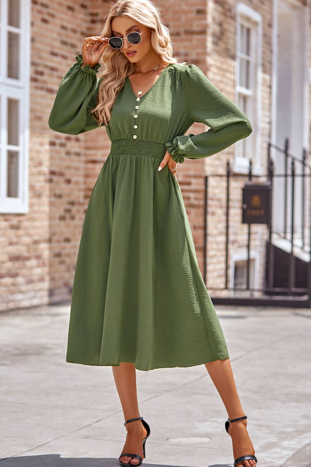 Koisoon V-Neck Flounce Sleeve Midi Dress