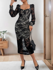 Koisoon Lace Sweetheart Neck Long Sleeve Midi Dress