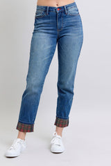 Koisoon Blue Full Size Plaid Print Cuff Straight Leg Jeans with Pockets