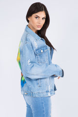 Koisoon American Bazi Full Size Painted Back Distressed Denim Jacket