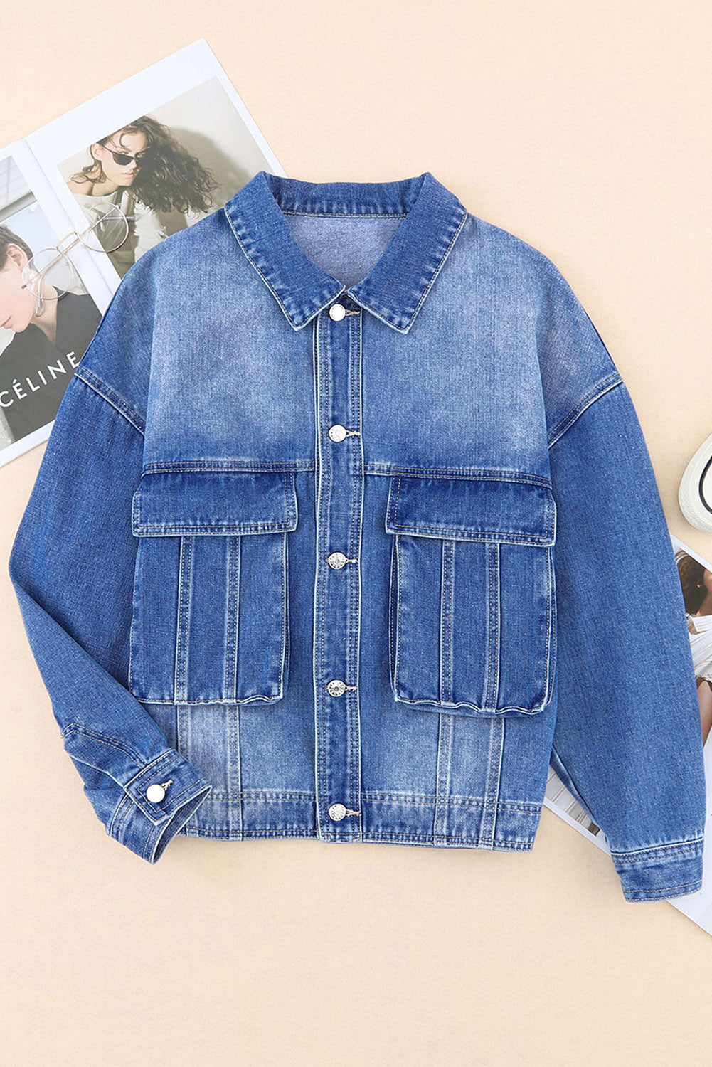 Koisoon Collared Neck Button Up Denim Jacket