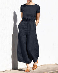 Koisoon Solid Color Short Sleeve Round-neck Cotton Linen Wide Leg Jumpsuit