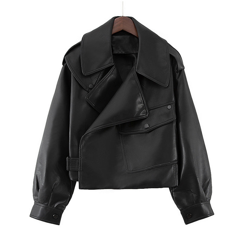 barn jacket outfits Women's Loose Short Lapel PU Leather Jacket 2024 Autumn New Korean Style Motorcycle Leather Jacket