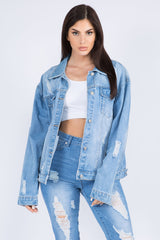 Koisoon American Bazi Full Size Painted Back Distressed Denim Jacket