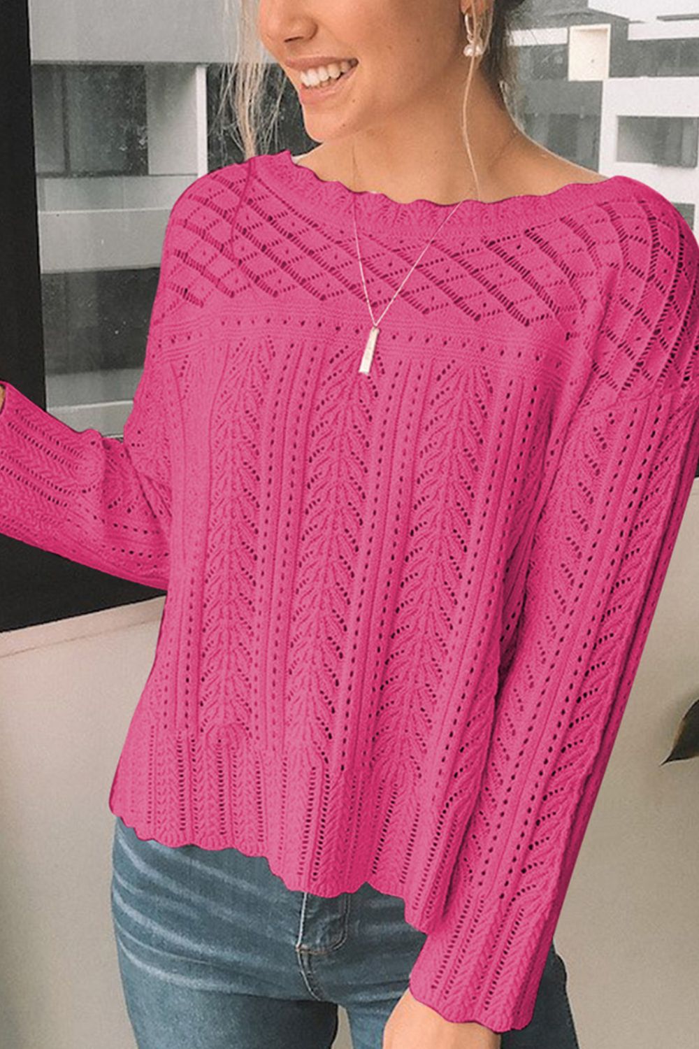 Koisoon Openwork Round Neck Long Sleeve Knit Top