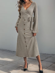 Koisoon Ribbed Tied Surplice Long Sleeve Dress