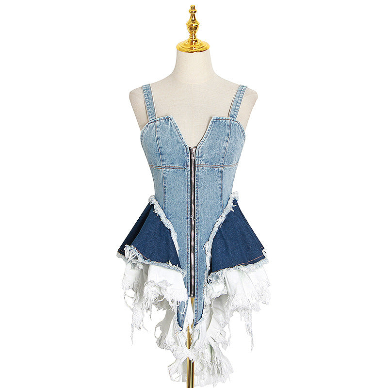 alice in wonderland costume 2024 Autumn New Niche Color Matching Denim Waist Slimming Vest Camisole Women's Fashion