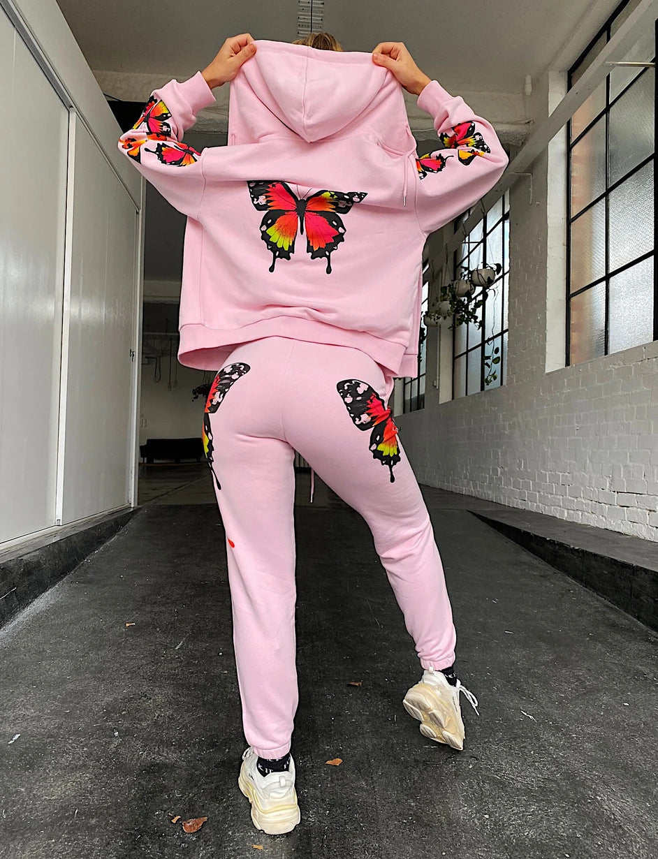 cute school outfits for middle school 2024 Popular Online Celebrity Color Printing Butterfly Hot Stamping Ankle-Tied Trousers Casual Hooded Sweater Suit