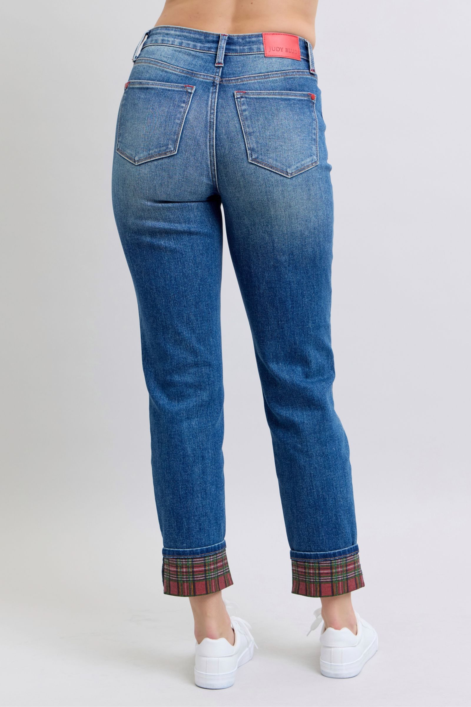 Koisoon Blue Full Size Plaid Print Cuff Straight Leg Jeans with Pockets