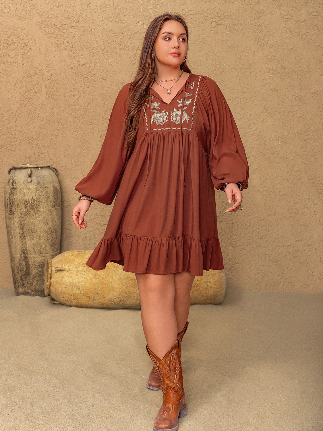 Koisoon Plus Size Embroidered Tie Neck Balloon Sleeve Mini Dress