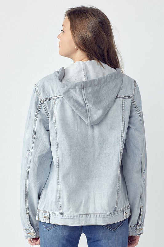 Koisoon Full Size Distressed Drawstring Hooded Denim Jacket