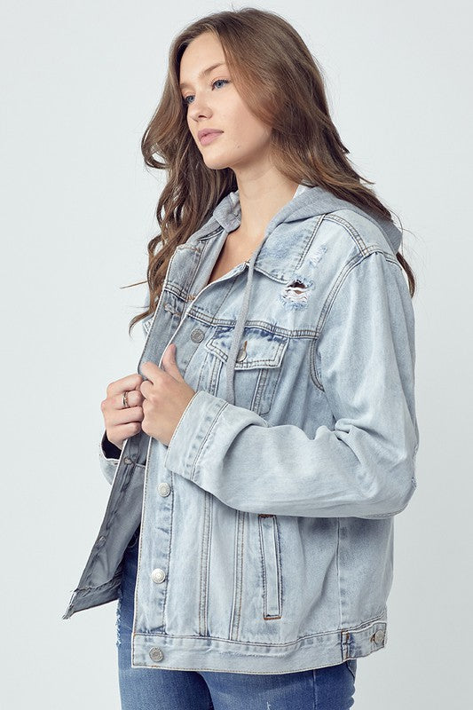 Koisoon Full Size Distressed Drawstring Hooded Denim Jacket