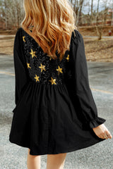 Koisoon Sequin Star Round Neck Flounce Sleeve Mini Dress