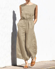 Koisoon Elastic Waist Playsuit Plain Sleeveless Wide Leg Long Jumpsuit