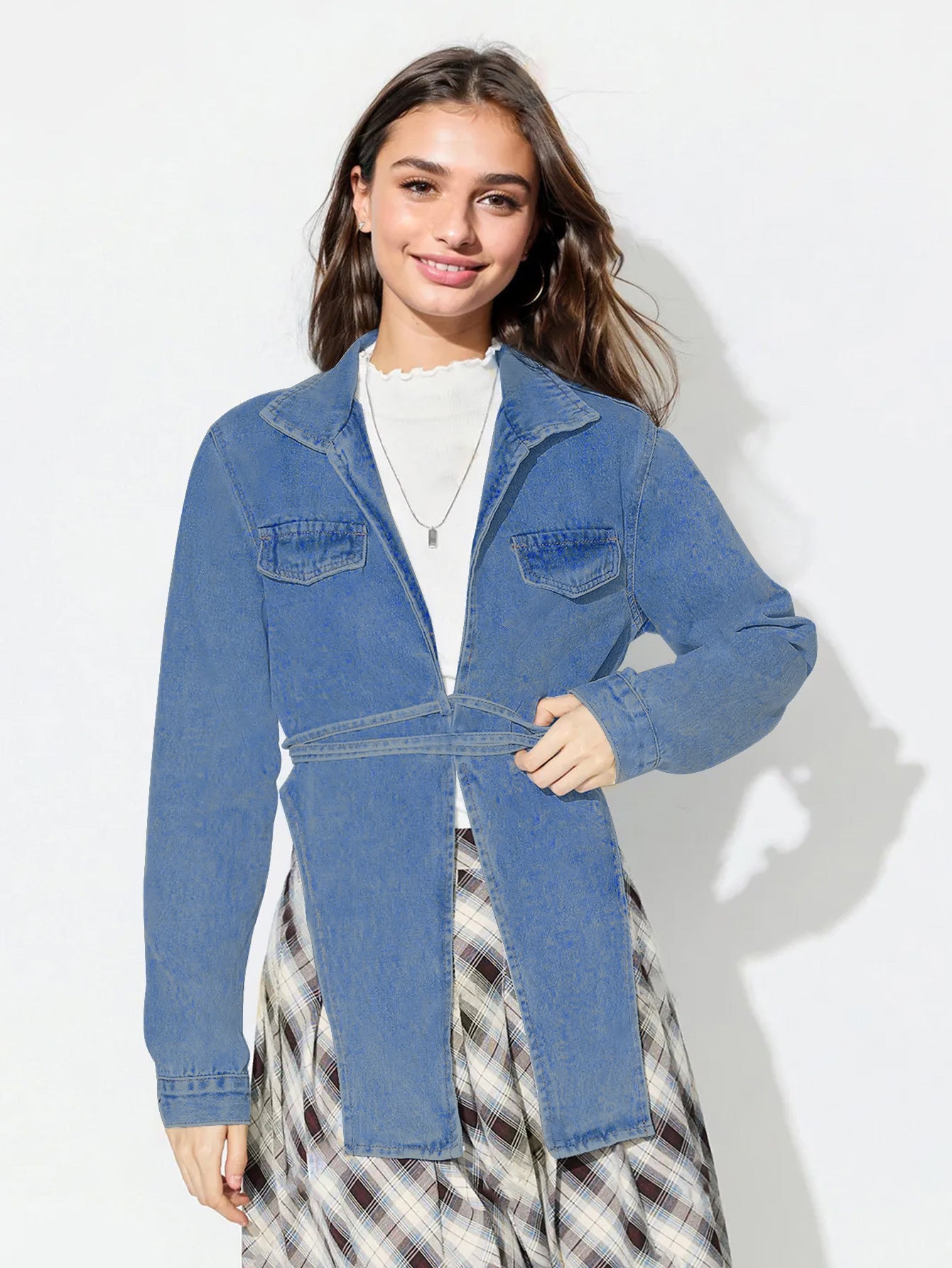 Koisoon Asymmetric Slit Collared Neck Long Denim Top