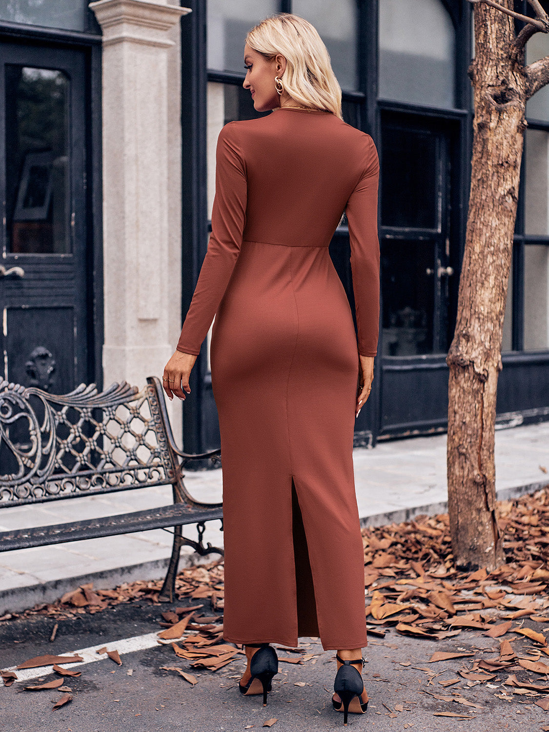 Koisoon Slit Twisted Surplice Long Sleeve Dress