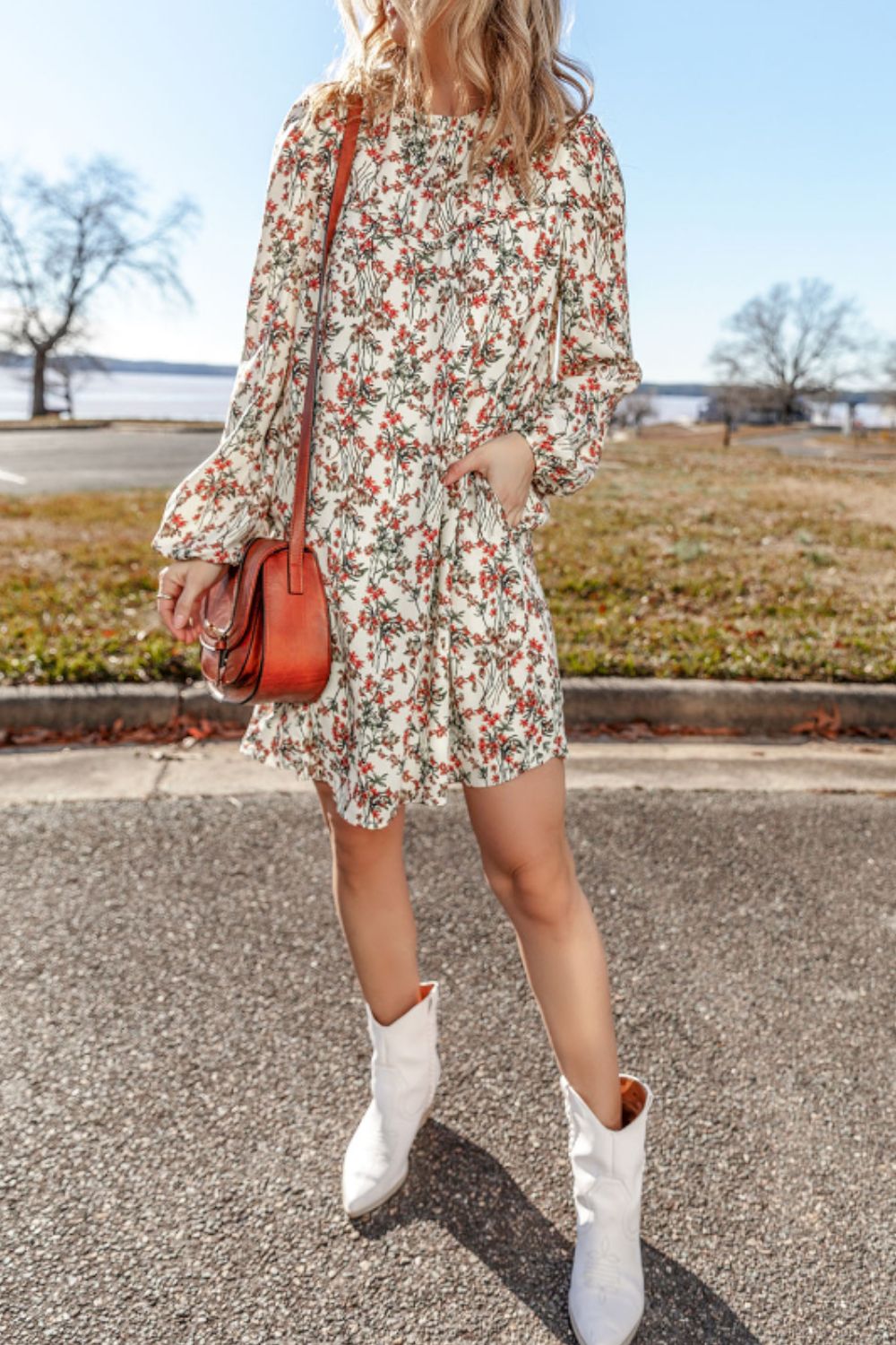 Koisoon Floral Round Neck Long Sleeve Dress