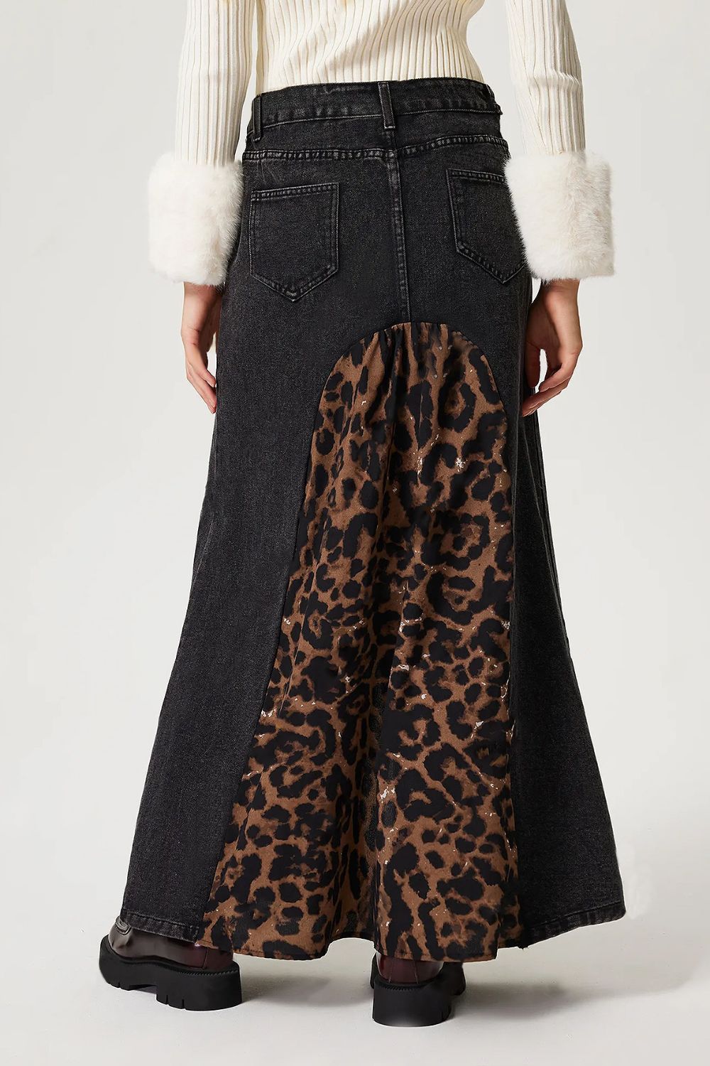 Koisoon Slit Leopard Midi Denim Skirt