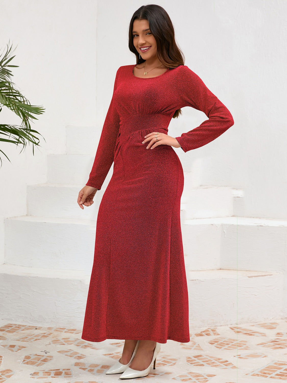 Koisoon Ruched Round Neck Long Sleeve Dress