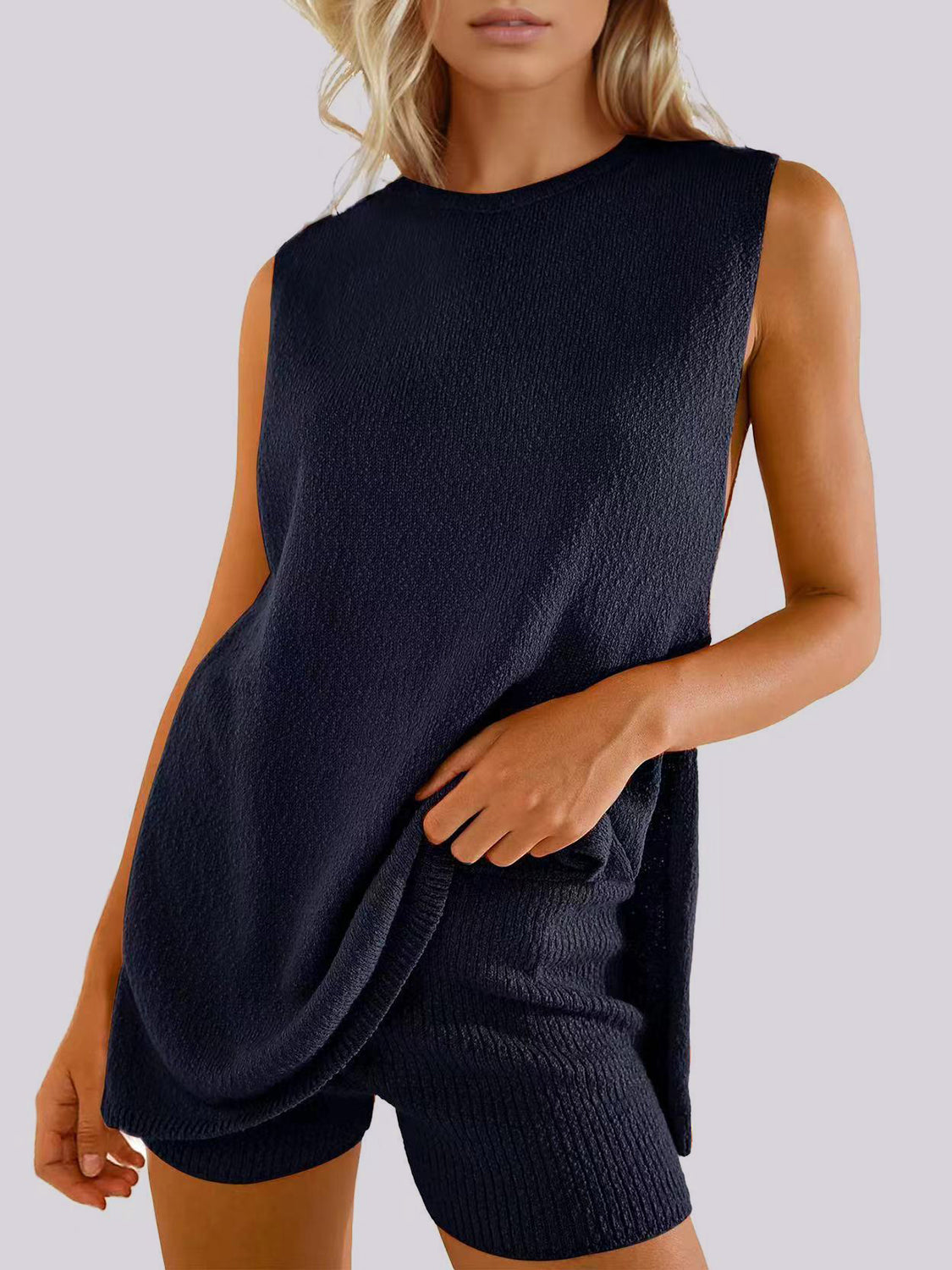 Koisoon Side Slit Round Neck Tank and Shorts Sweater Set