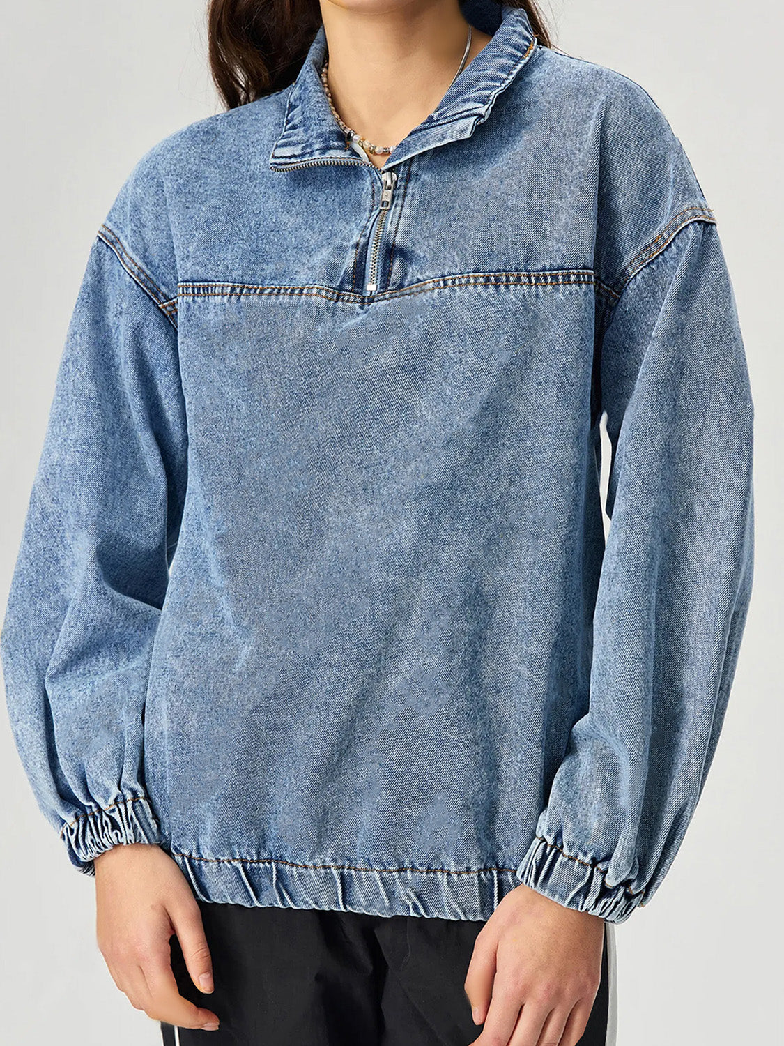 Koisoon Quarter Zip Collared Neck Denim Top