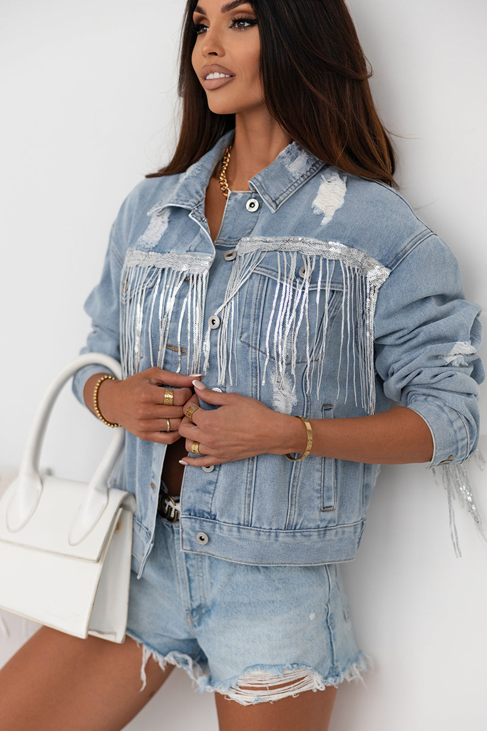 Koisoon Sequin Fringe Trim Distressed Button Up Denim Jacket