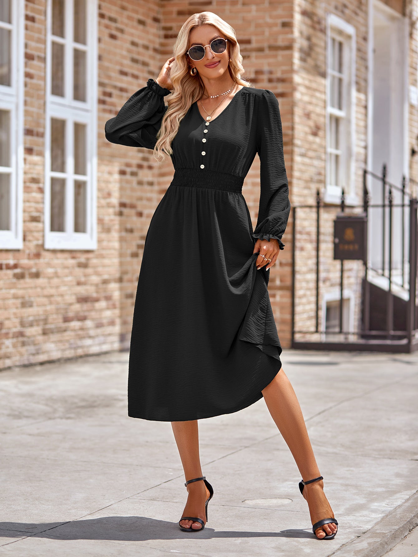 Koisoon V-Neck Flounce Sleeve Midi Dress