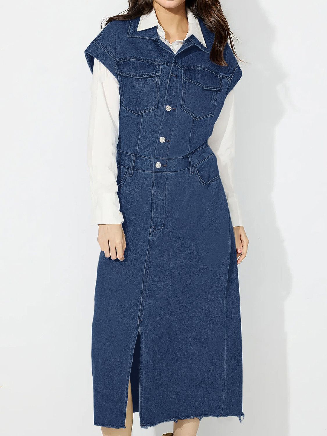 Koisoon Slit Half Button Collared Neck Cap Sleeve Denim Dress