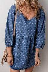 Koisoon V-Neck Three-Quarter Sleeve Denim Dress