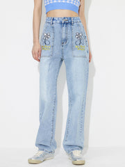 Koisoon Flower High Rise Straight Leg Jeans with Pockets