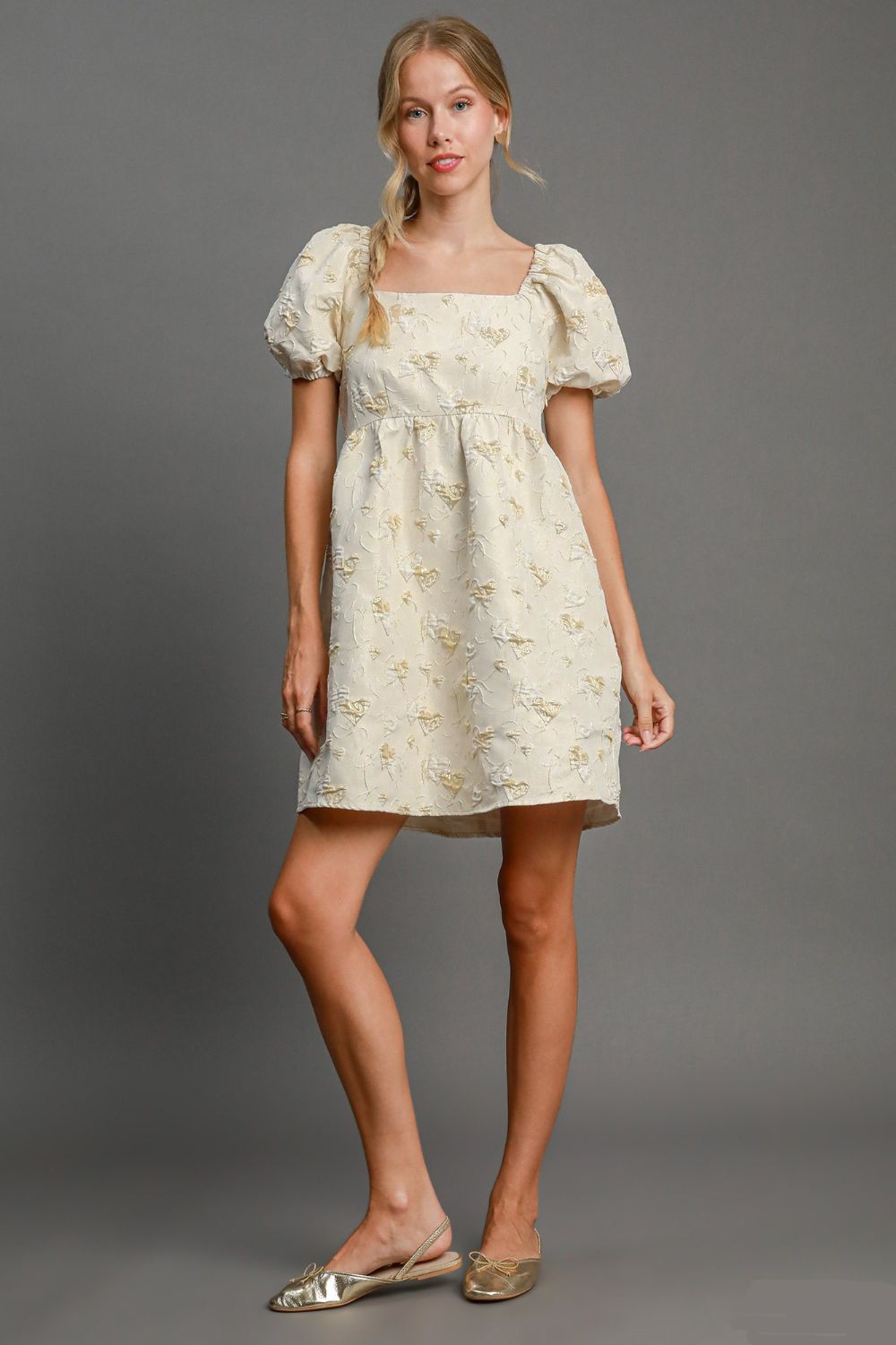 Koisoon Heart Jacquard Square Neck Puff Sleeve Mini Dress