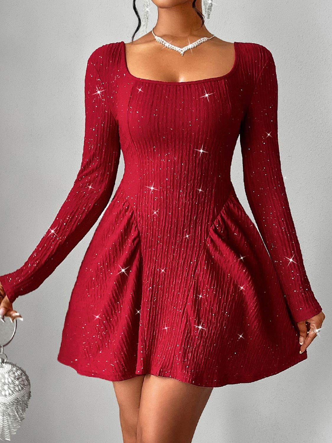 Koisoon Backless Glitter Square Neck Long Sleeve Mini Dress