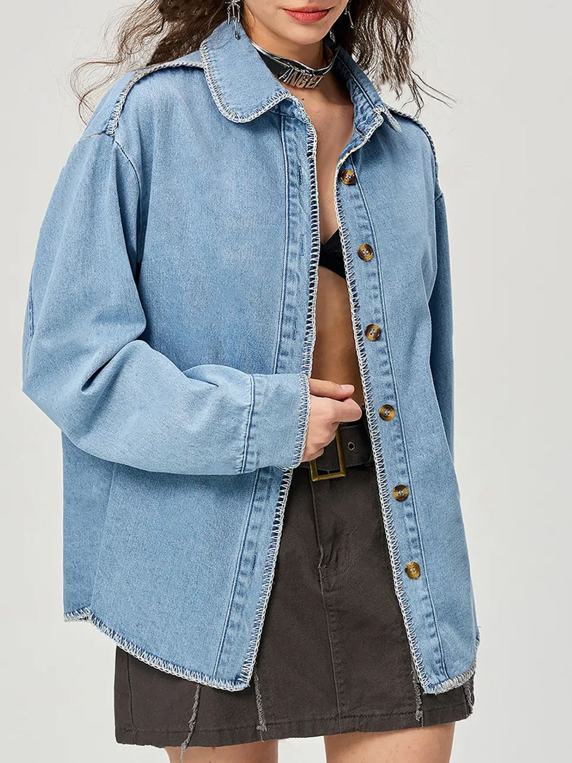 Koisoon Button Up Collared Neck Denim Top