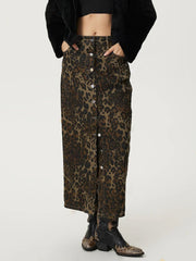 Koisoon Leopard Button Up Denim Skirt