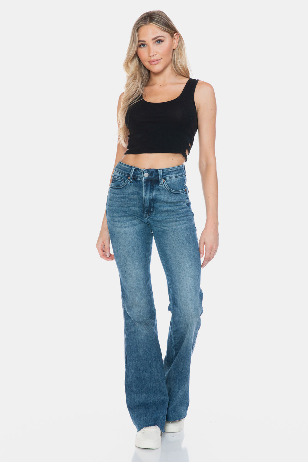 Koisoon Blue Full Size Tummy Control Cut Hem Flare Jeans