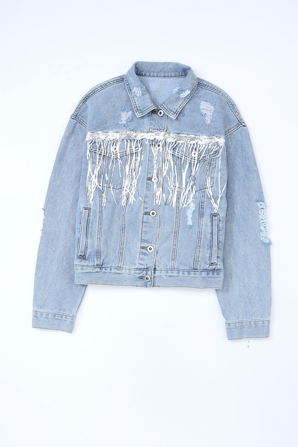 Koisoon Sequin Fringe Trim Distressed Button Up Denim Jacket