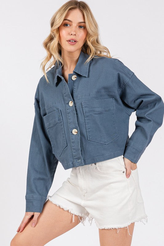 Koisoon Button Down Cropped Denim Jacket with Patch Pockets